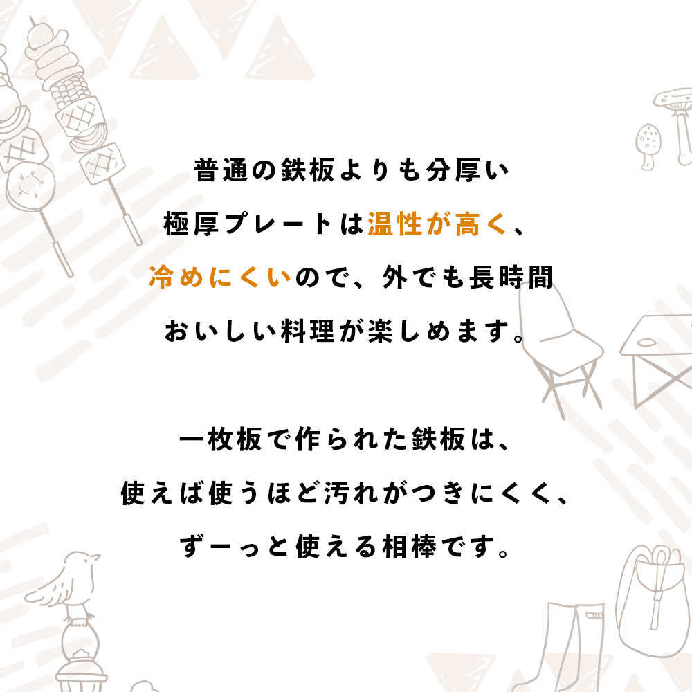 鉄板は厚い方が、熱を保つ力が強くなりますので、 中までしっかり火が通り、まるでお店のようなジューシーなお肉が焼けます。 鉄板の厚さと美味しさの関係 鉄板は熱エネルギーを蓄えるのが得意です。 物の大きさによって蓄えられる熱容量は違い、簡単に言えば薄い鉄板よりも 分厚い分、少し時間がかかりますが一度温まればその熱が続きます。 しかも分厚い方が、上手に焼ける! 実は鉄板が熱い方が料理も上手になります。 薄い鉄板の場合、熱源とお肉の距離が近くなり熱源近くの 食材が”焼けすぎる”といったことが置きます。 一方、板厚が熱ければ熱源とお肉との間に距離ができ、 上手の料理できるようになります。 1~2年で加工が剝れて寿命がやってくるのがフッ素樹脂加工フライパンとは 違い、鉄板は使い続けて油と馴染ませることで錆が出にくく、 かつ焦げつきにくくなり、どんどん使いやすくなっていくもの。 手間はかかりますが、愛着を持ってずっと使い続けられる相棒になります。 使い始めのシーズニングをすることで、鉄板の表面に「油膜」を作り、 焦げ付きにくく、長く使えるアイテムに育っていきます。 手間はかかりますが、使えば使う程なじみ「いいプレート」に。