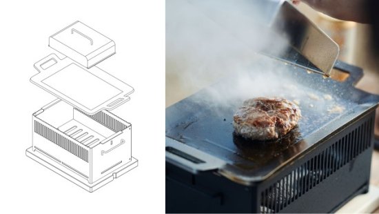 +Baseは網焼・串焼・鉄板焼・鍋・蒸し・燻製・熱燗ができるオールインワン 炭焼き器です。機能性やデザイン性を評価いただけ、 東京インターナショナル・ギフト・ショー春2022のコンテストでは新製品コンテスト 準大賞受賞を果たしました。+Baseがあればキャンプ料理は無限大。 キャンプで最高のパフォーマンスを発揮できるよう細部にまでこだわりました。 1.調理しやすい 上長辺に凹凸をつけ、串や網、鍋を固定できる。 2.安全で簡単 鍋の取手を本体に安定させて、安全に簡単にキャンプ料理を楽しめます。 3.傷の防止 木の敷板の上に置くことで、テーブルへのダメージを防ぐ。 4.洗いやすい 炭箱・ロストル(炭を設置する台)を簡単に分解して丸洗い可能。 5.扱いやすい 野燗炉蓋を外さなくても水追加が可能。 オーバーフロー穴で水溢れを防ぐ。 コンパクト!抜群の収納性! オプション品の手持ちハンドルや 収納バッグを併用することで、荷物の多いキャンプでの持ち運びも便利です。 本体は汚れる心配が多いキャンプにおいても汚れにも強い耐熱黒塗装と クールな無塗装仕上げの2タイプです。お好みでお選びください。