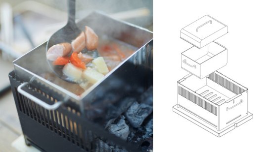 +Baseは網焼・串焼・鉄板焼・鍋・蒸し・燻製・熱燗ができるオールインワン 炭焼き器です。機能性やデザイン性を評価いただけ、 東京インターナショナル・ギフト・ショー春2022のコンテストでは新製品コンテスト 準大賞受賞を果たしました。+Baseがあればキャンプ料理は無限大。 キャンプで最高のパフォーマンスを発揮できるよう細部にまでこだわりました。 1.調理しやすい 上長辺に凹凸をつけ、串や網、鍋を固定できる。 2.安全で簡単 鍋の取手を本体に安定させて、安全に簡単にキャンプ料理を楽しめます。 3.傷の防止 木の敷板の上に置くことで、テーブルへのダメージを防ぐ。 4.洗いやすい 炭箱・ロストル(炭を設置する台)を簡単に分解して丸洗い可能。 5.扱いやすい 野燗炉蓋を外さなくても水追加が可能。 オーバーフロー穴で水溢れを防ぐ。 コンパクト!抜群の収納性! オプション品の手持ちハンドルや 収納バッグを併用することで、荷物の多いキャンプでの持ち運びも便利です。 本体は汚れる心配が多いキャンプにおいても汚れにも強い耐熱黒塗装と クールな無塗装仕上げの2タイプです。お好みでお選びください。